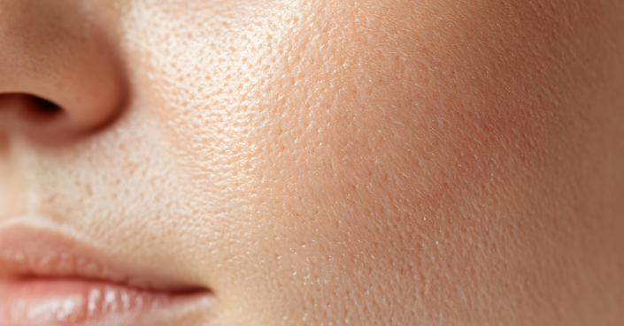 Detailaufnahme einer gesunden, ebenmäßigen Gesichtshaut mit natürlicher Textur und feinem Glow.