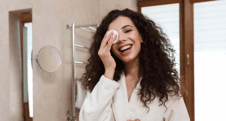 Frau bei der morgendlichen Gesichtspflege im Badezimmer, sie reinigt ihre Haut mit einem Wattepad und lächelt in die Kamera.