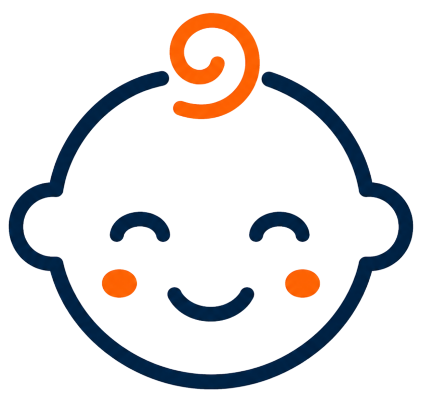 Freundliches Baby-Icon in Blau und Orange.